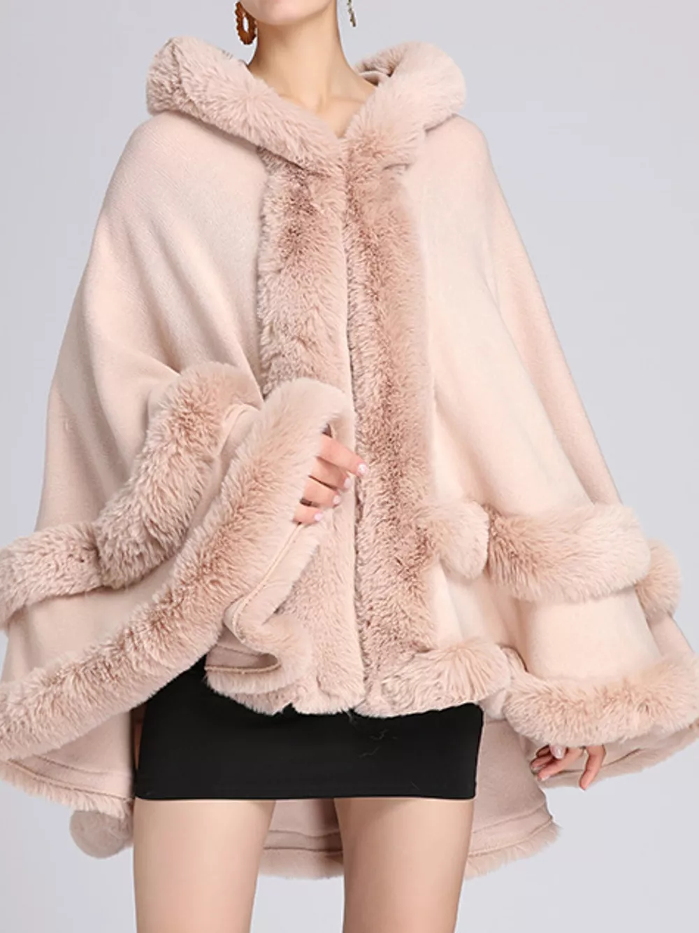 Faux Fur Trimmed Hooded Cape