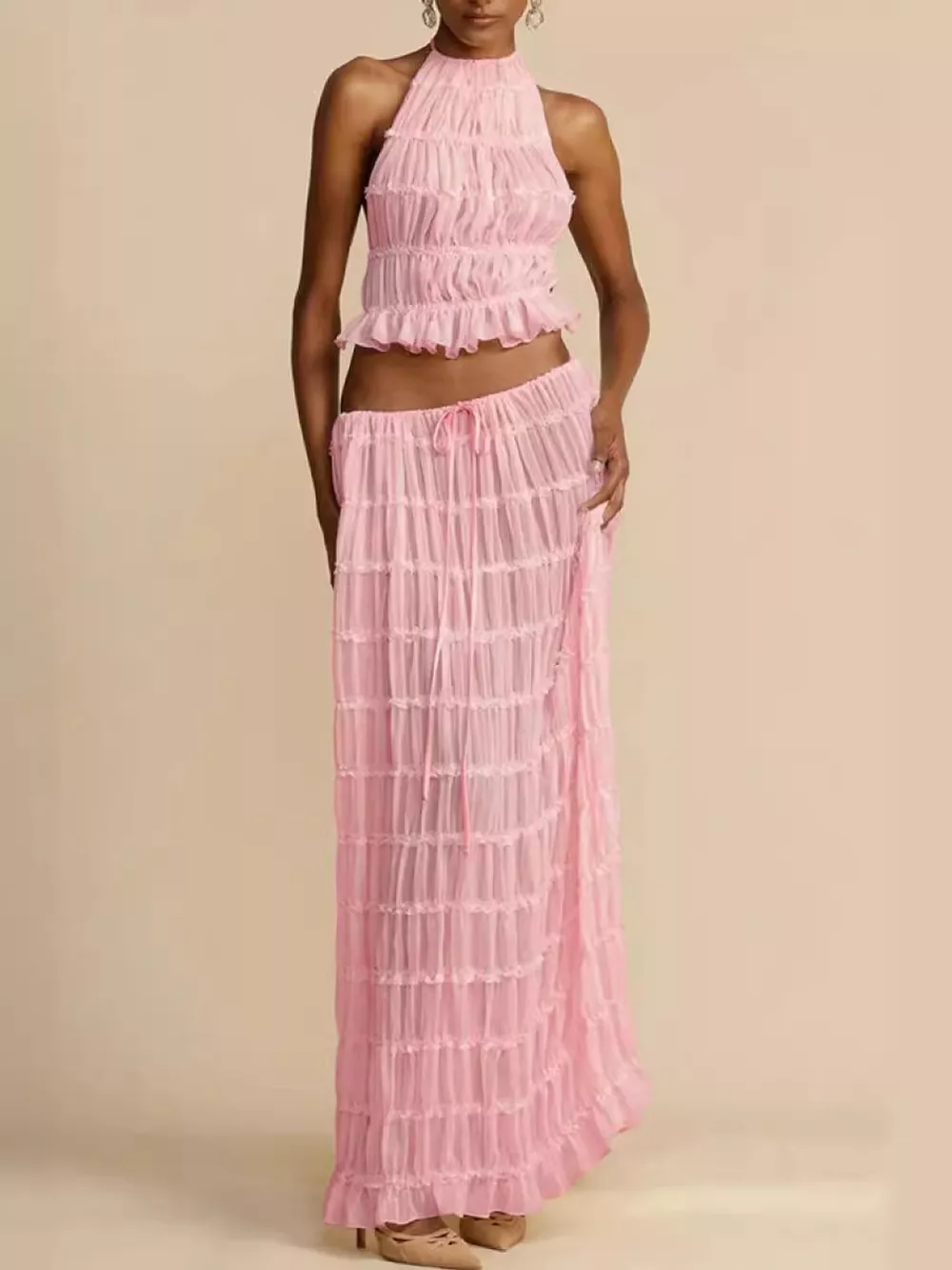 Boho Chic Ruffled Halter Crop Top and Maxi Skirt Set, image 26