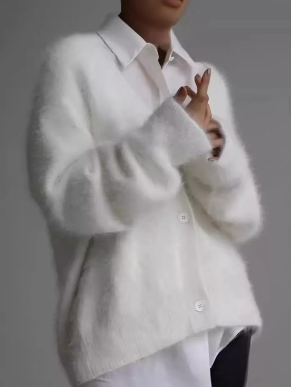 Fuzzy V-Neck Button-Down Cardigan, image 10