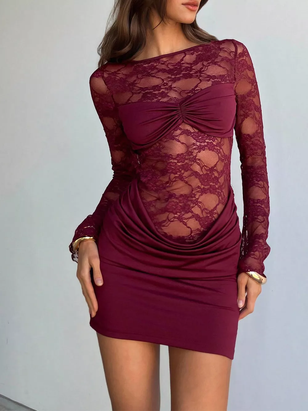 Lace Sheer Cutout Back Long Sleeve Ruched Dress, image 4
