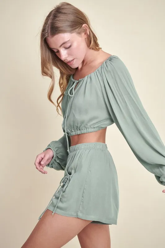 Gauze Long Sleeve Button Crop Top and Short Set, image 2