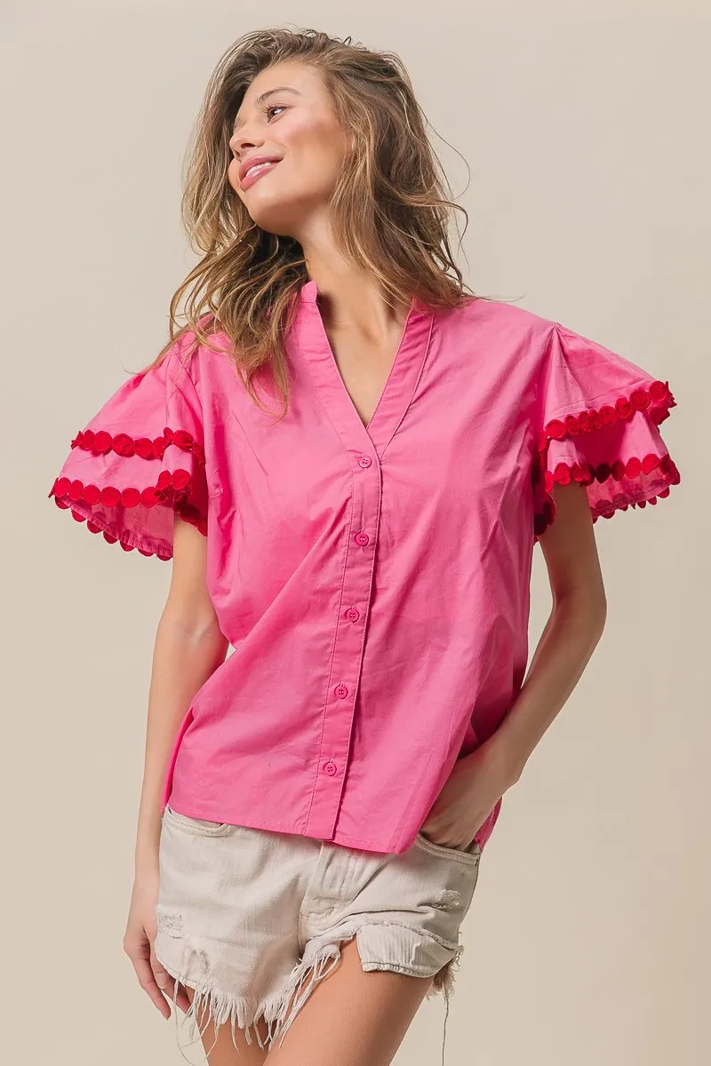 Dot Trim Flutter Sleeve Notched Top, image 6