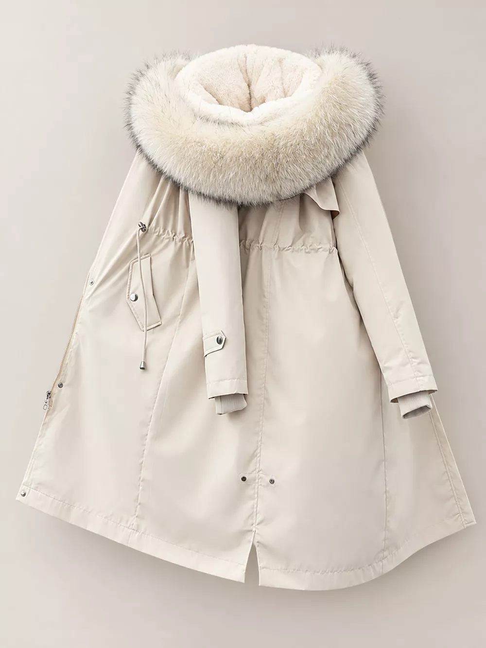 Plus Size Detachable Longline Hooded Parka with Faux Fur Trim and Drawstring Waist, image 29