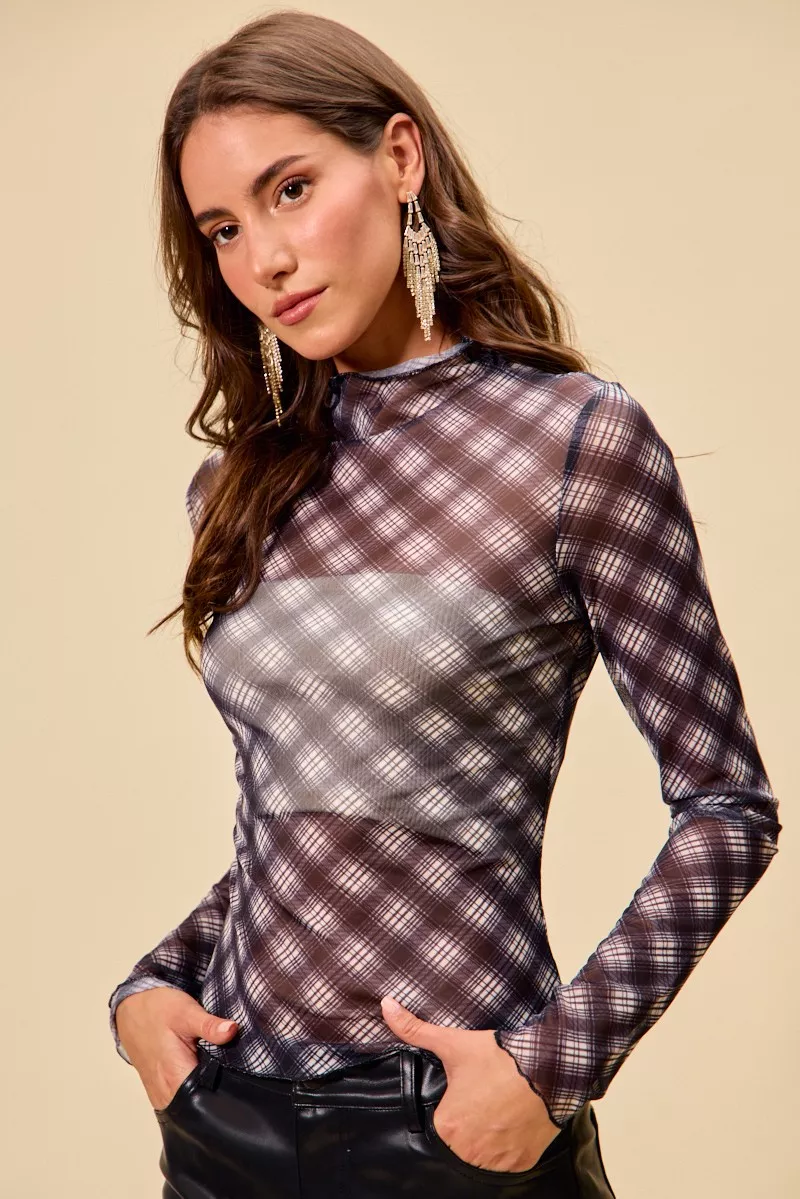 Plaid Mesh Knit Long Sleeve Top with Thumb Opening, image 12