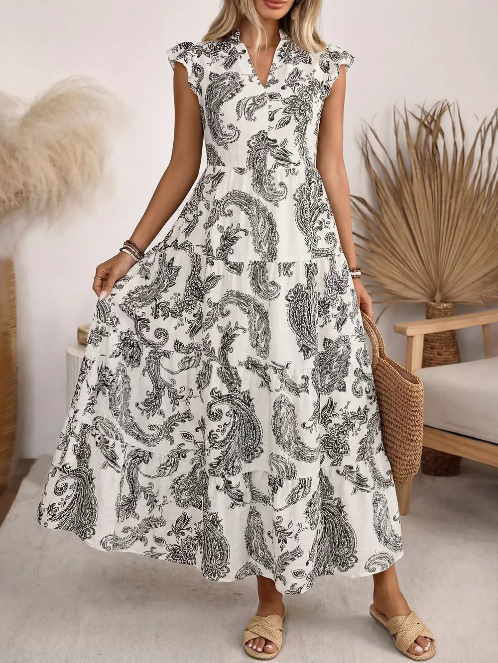 Printed Notched Ruffle Sleeve Maxi Dress, image 4