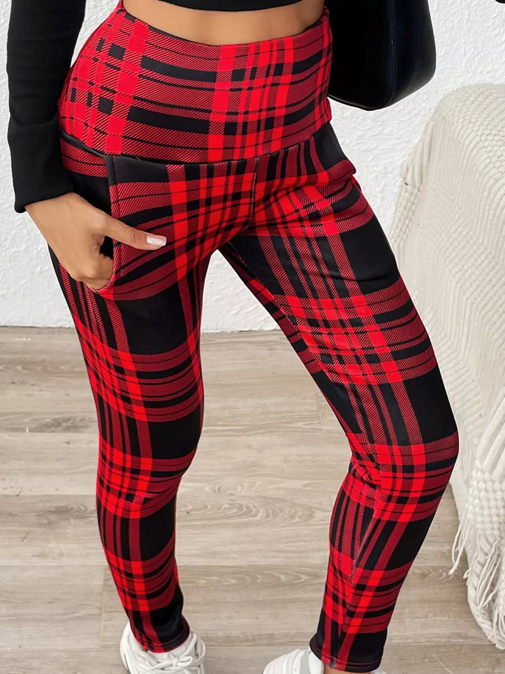 High-Waisted Plaid Slim-Fit Leggings, image 6