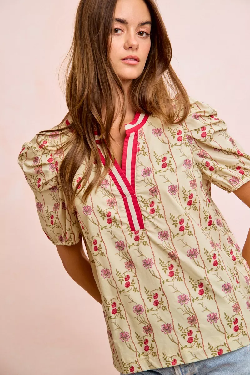 Floral Gather Sleeves Contrast Neckband Blouse Top, image 5