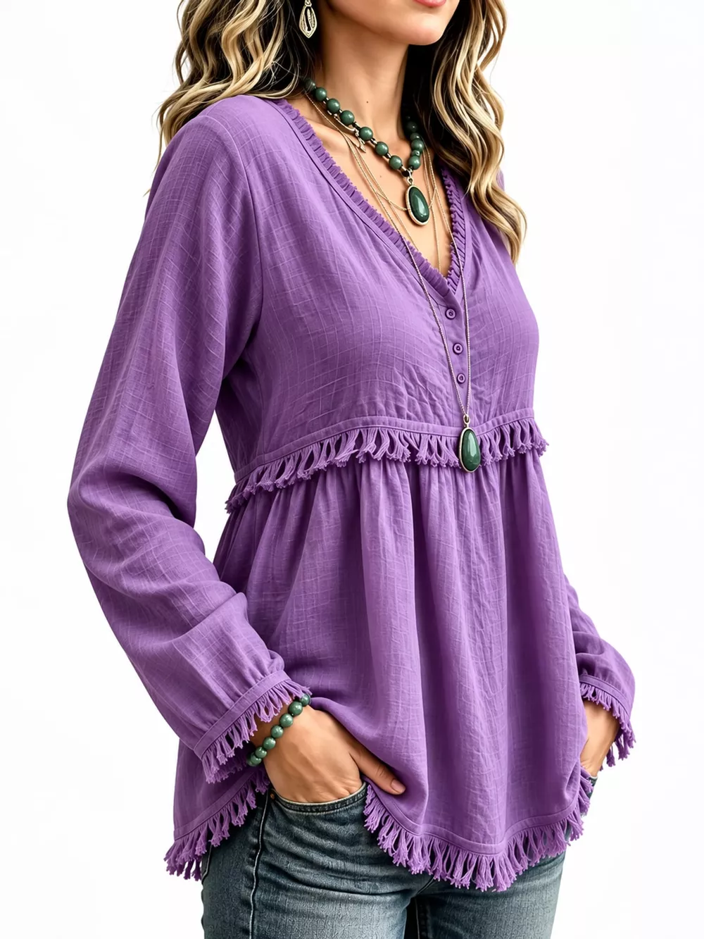 Full Size Fringed Trim V-Neck Long Sleeve Blouse Plus Size, image 35