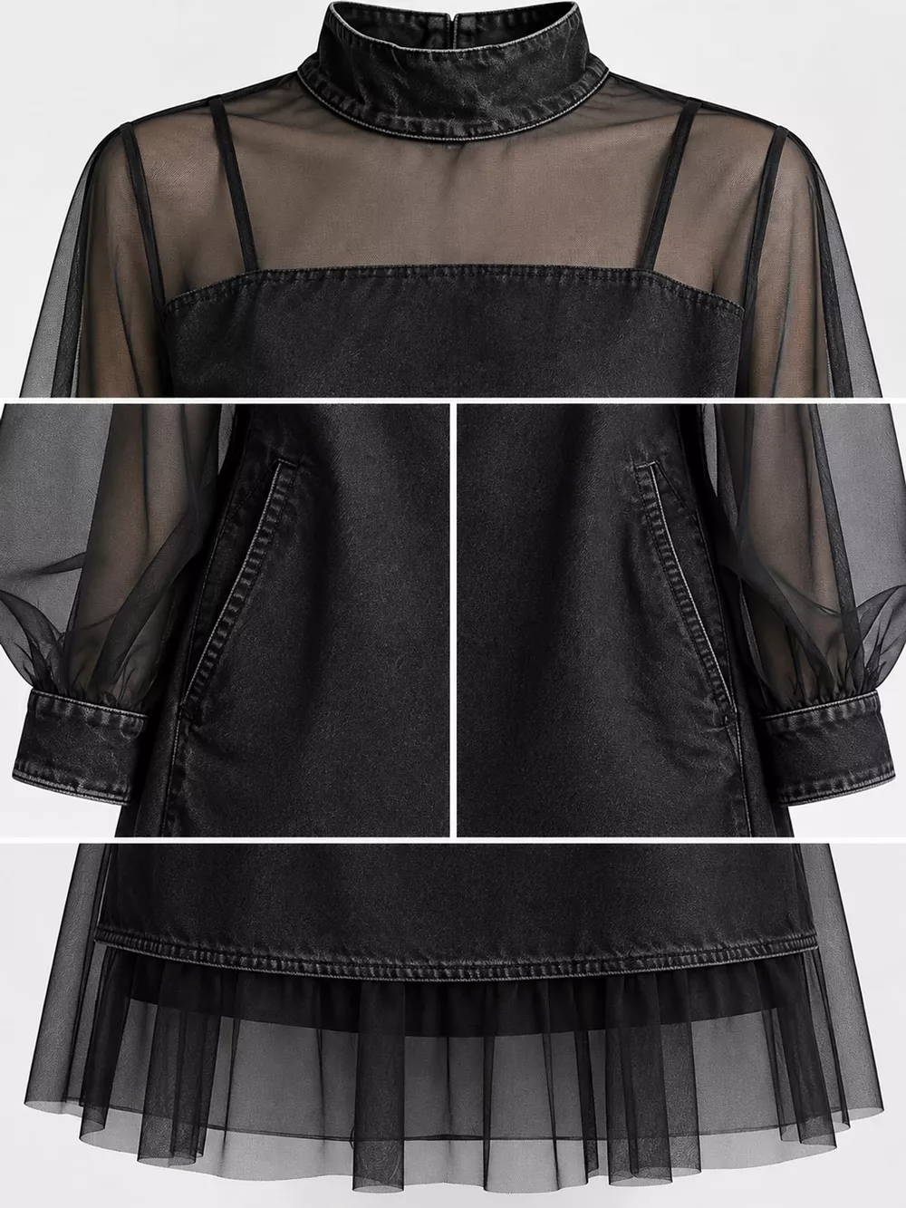 Full Size Mock Neck Sheer Mesh Patchwork Denim Dress Plus Size, image 9