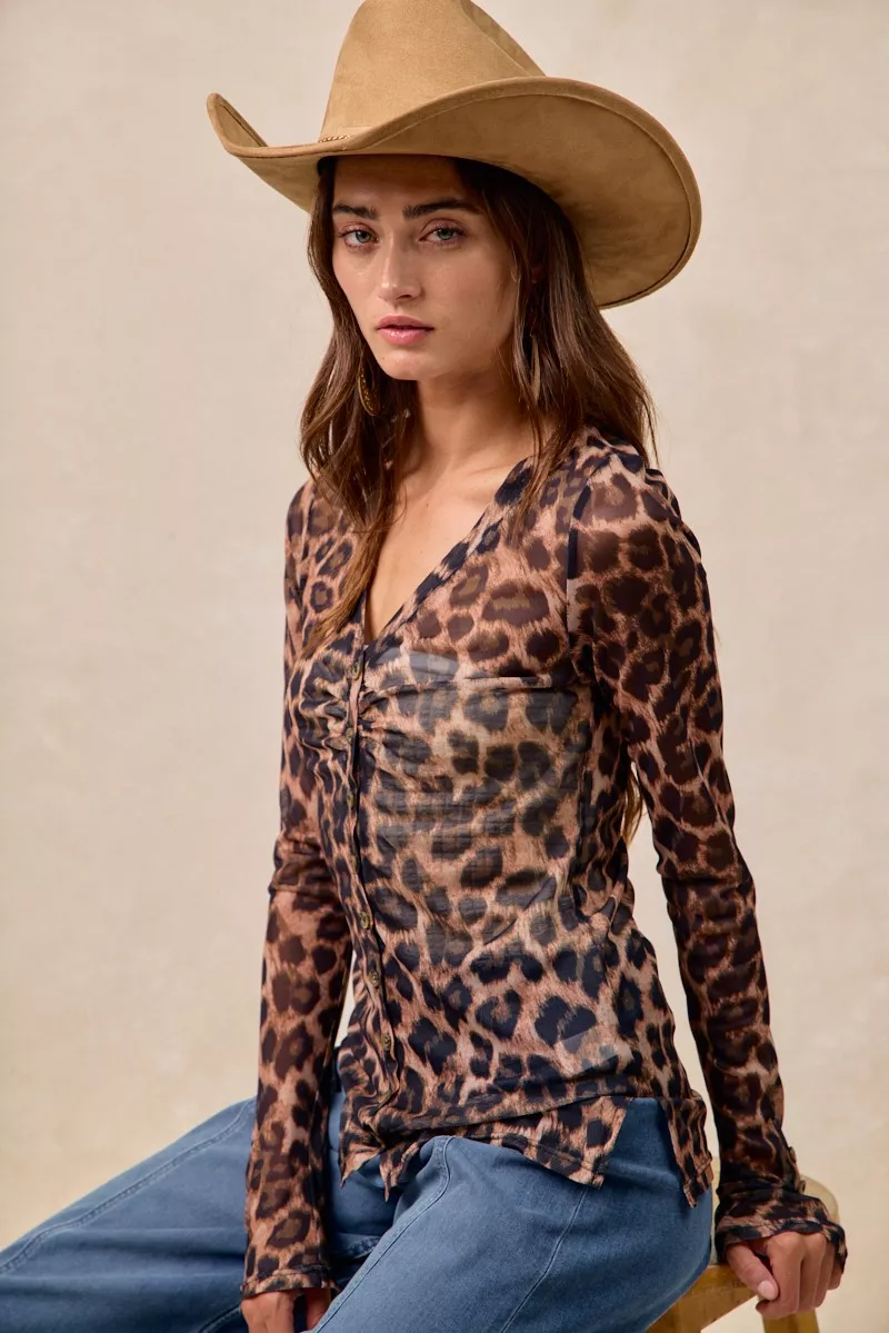 Leopard Printed Mesh Shirt With Button Up V Neck, image 5