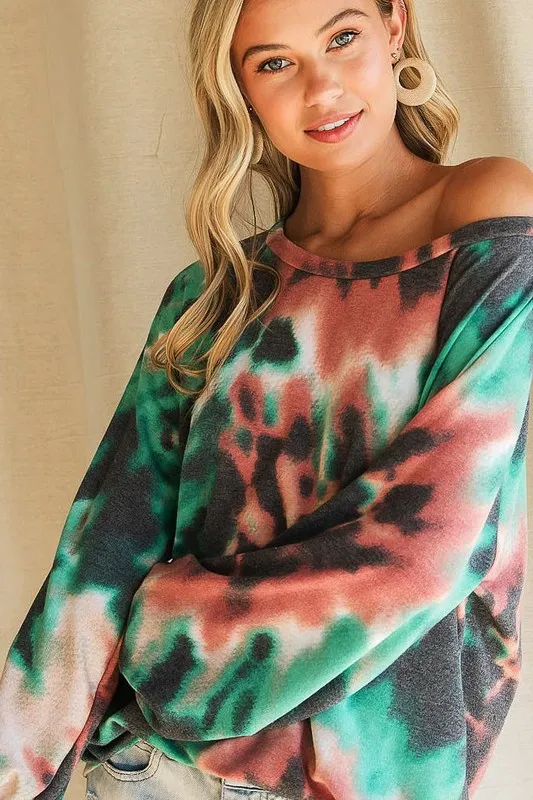 Tie Dye Print Terry Top with Puff Sleeves, image 3