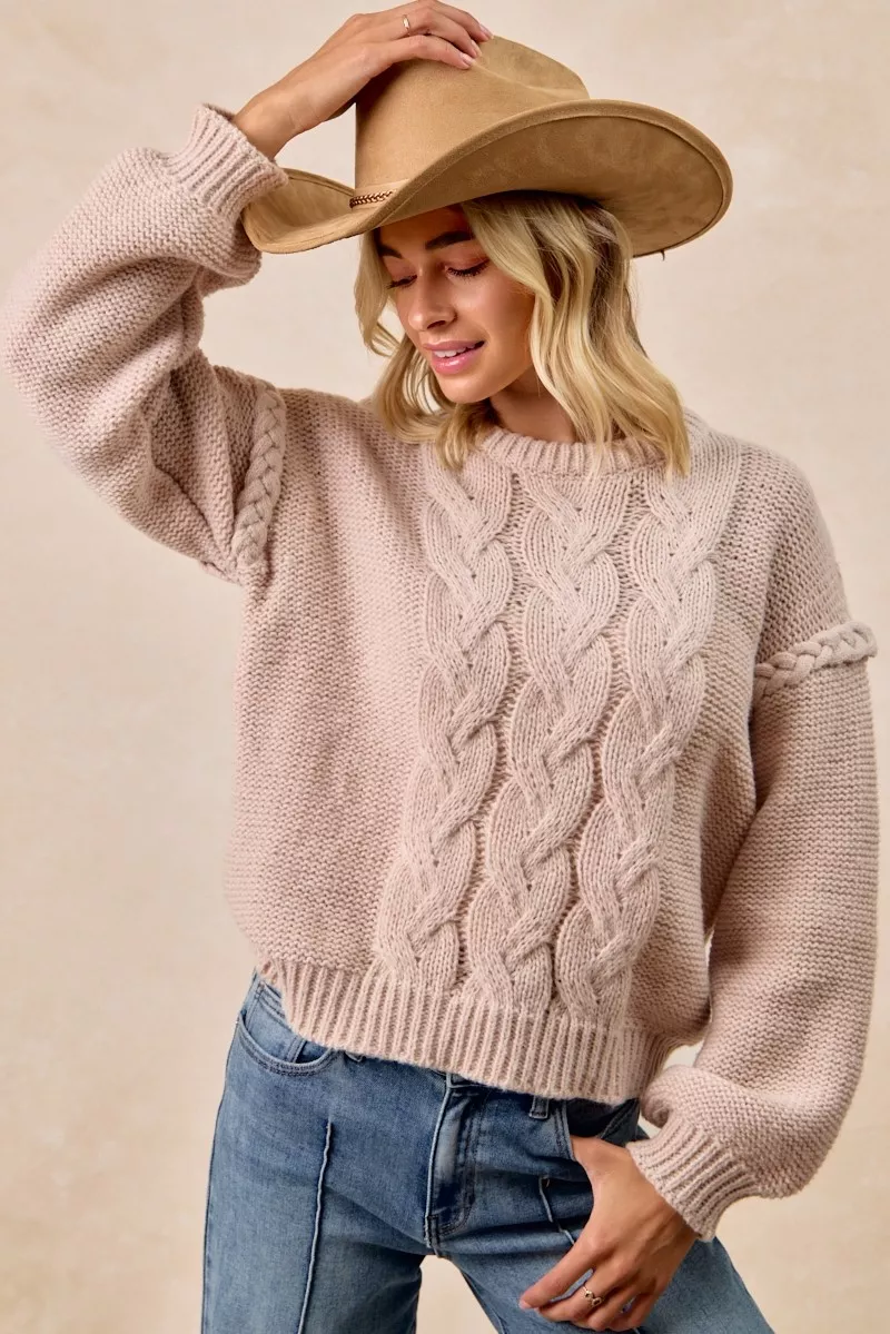 Cable Knit Sweater with Shoulder Braid Detail, image 2