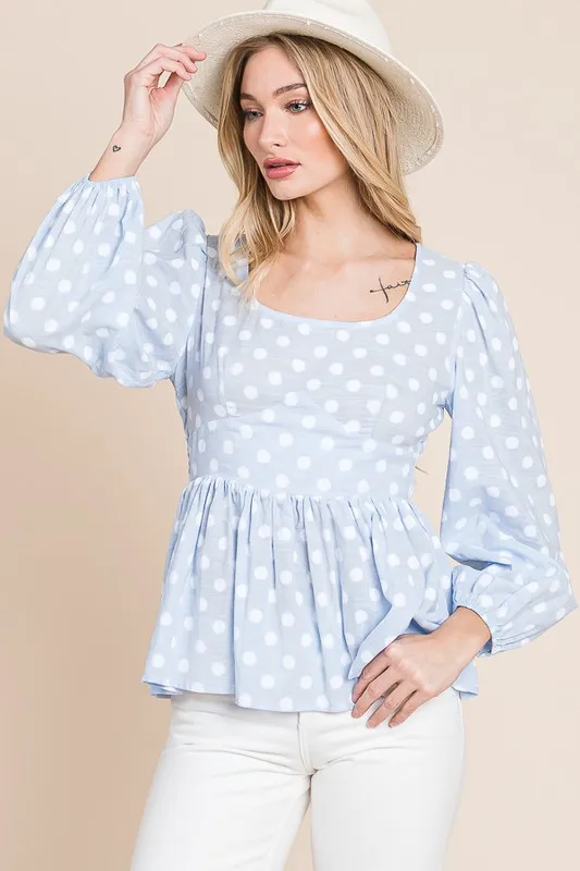 Polka Dot Print Balloon Sleeve Babydoll Peplum Top, image 5