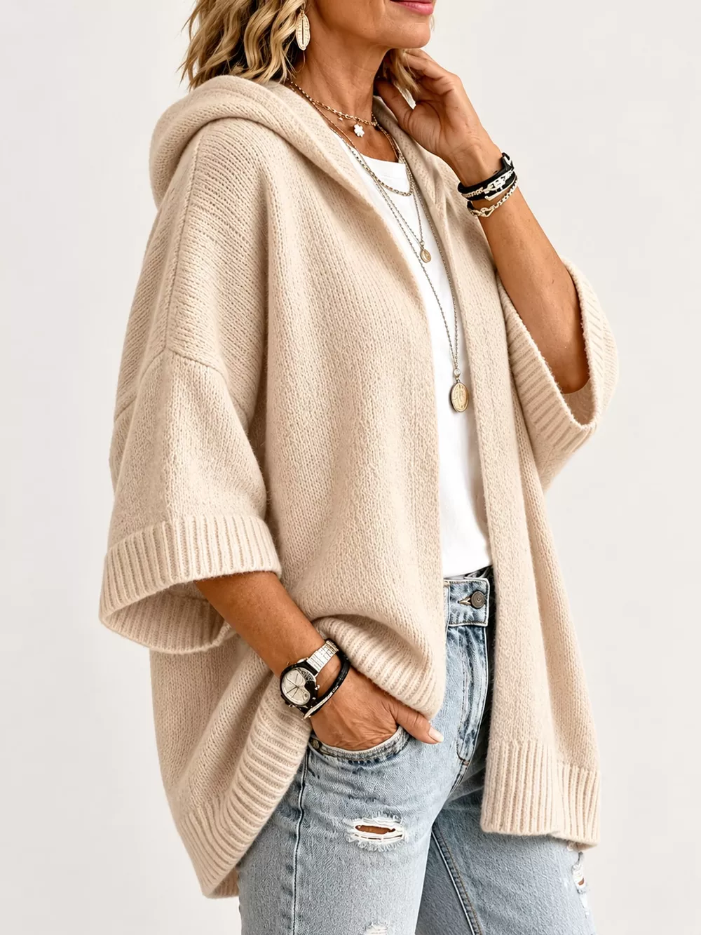 Full Size Hooded Open-Front Knit Cardigan Plus Size, image 2