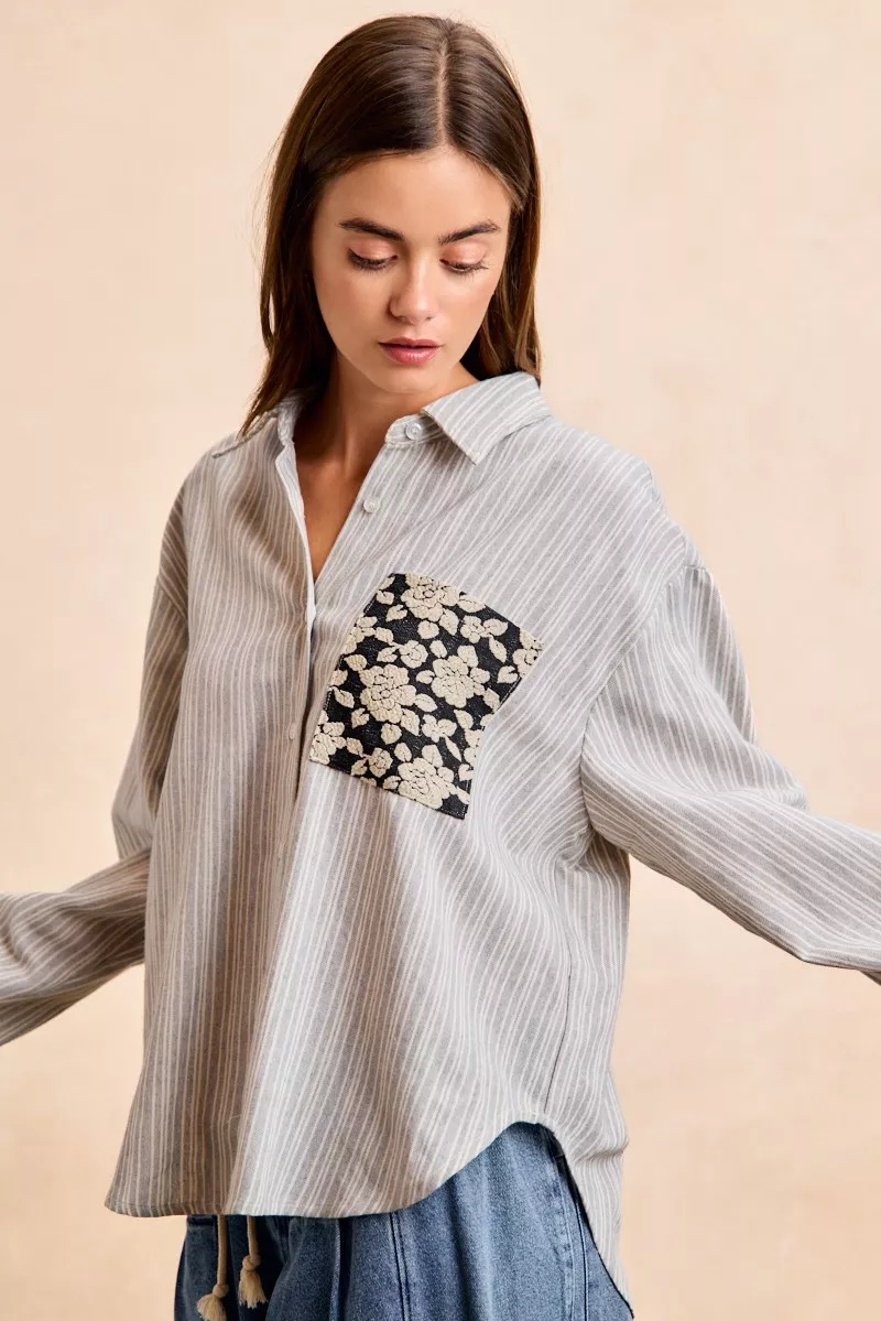 Flower Jacquard Knit Patch Pocket Stripe Shirt, image 7