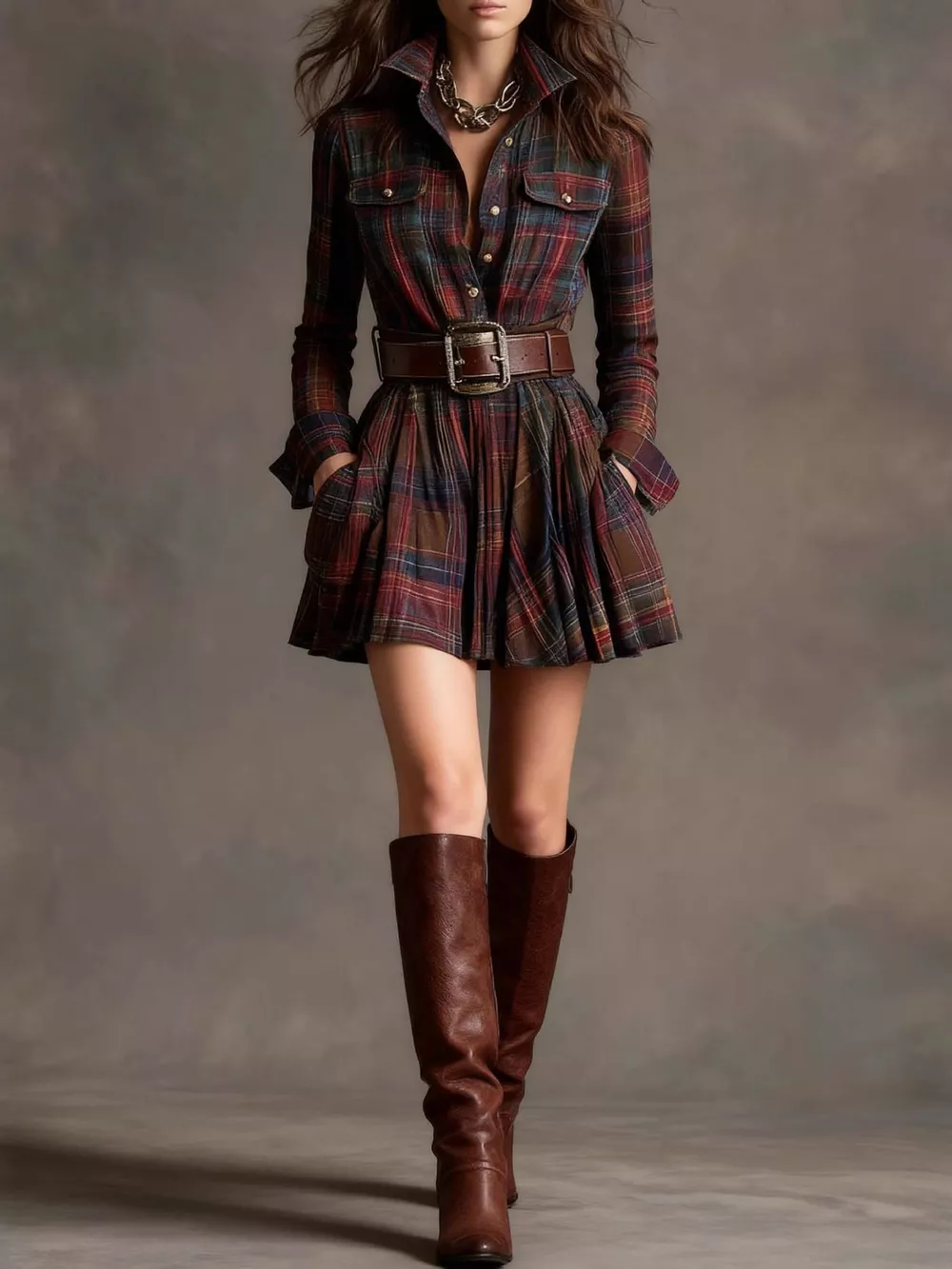 Plaid Long-Sleeve Shirt Dress