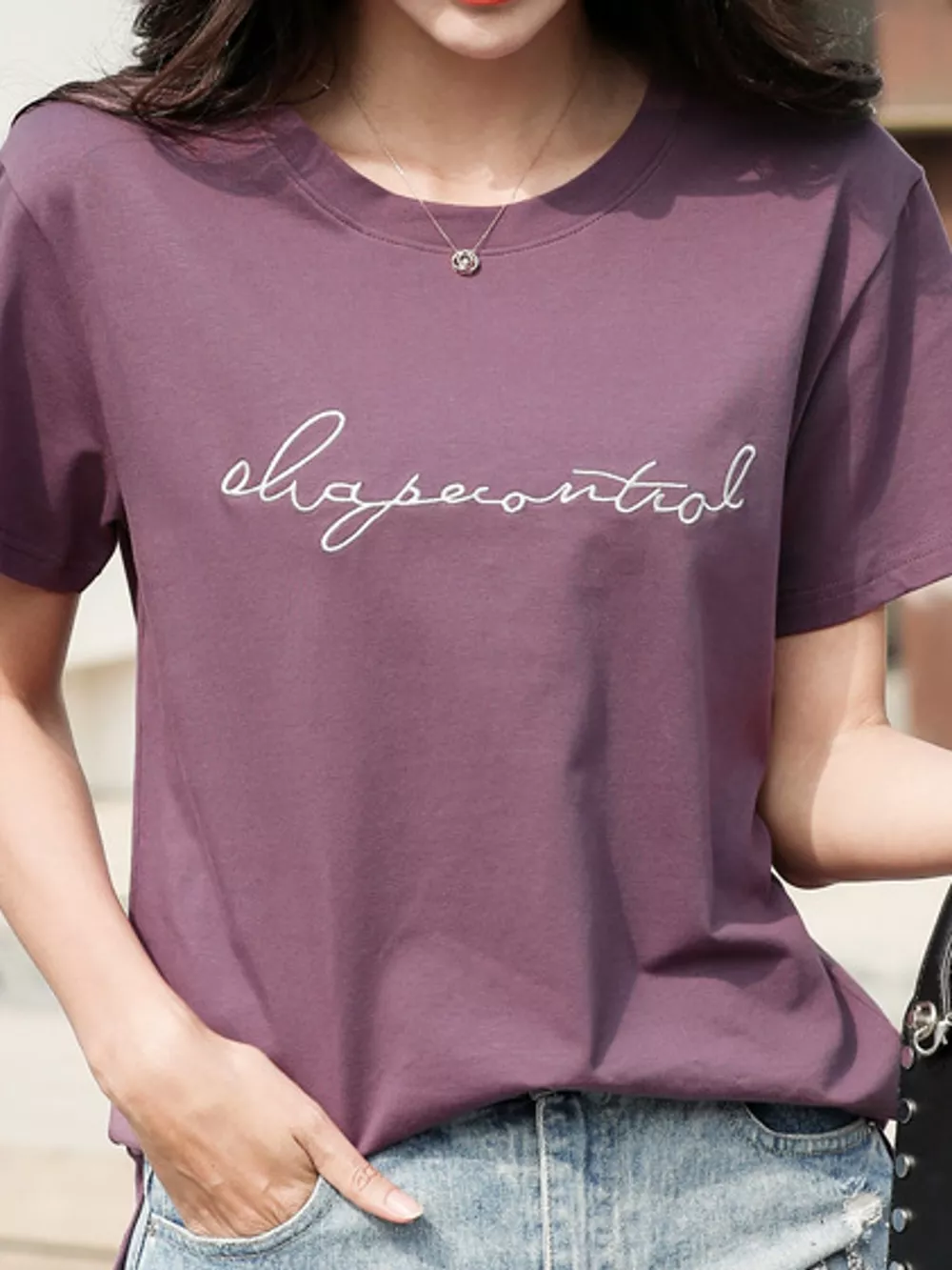 Full Size Letter Embroidered Round Neck T-Shirt Plus Size, image 6