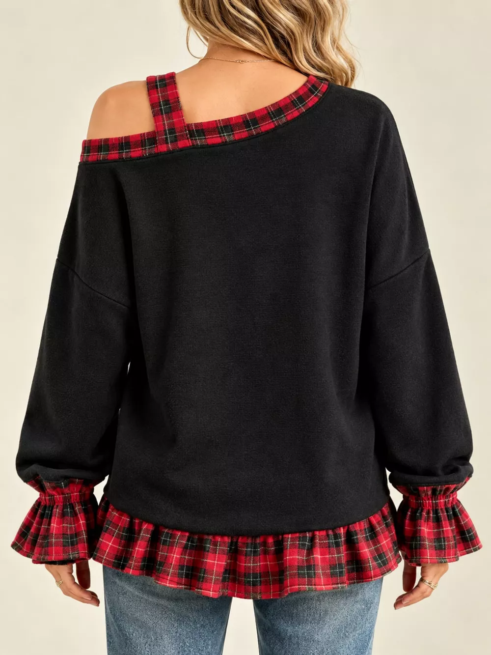 Full Size Plaid Ruffled Hem Asymmetrical Neck Sweatshirt Plus Size, image 11
