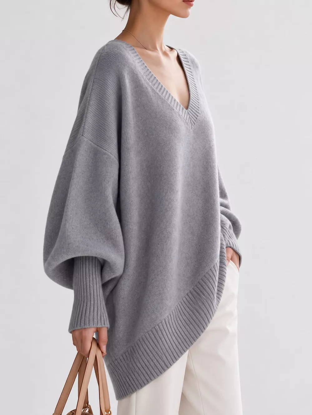 Full Size V-Neck Oversized Batwing Sleeve Sweater Plus Size, image 43