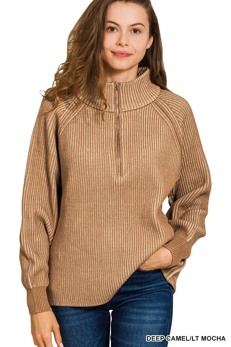 Ribbed Two Tone Half Zip Sweater, image 2
