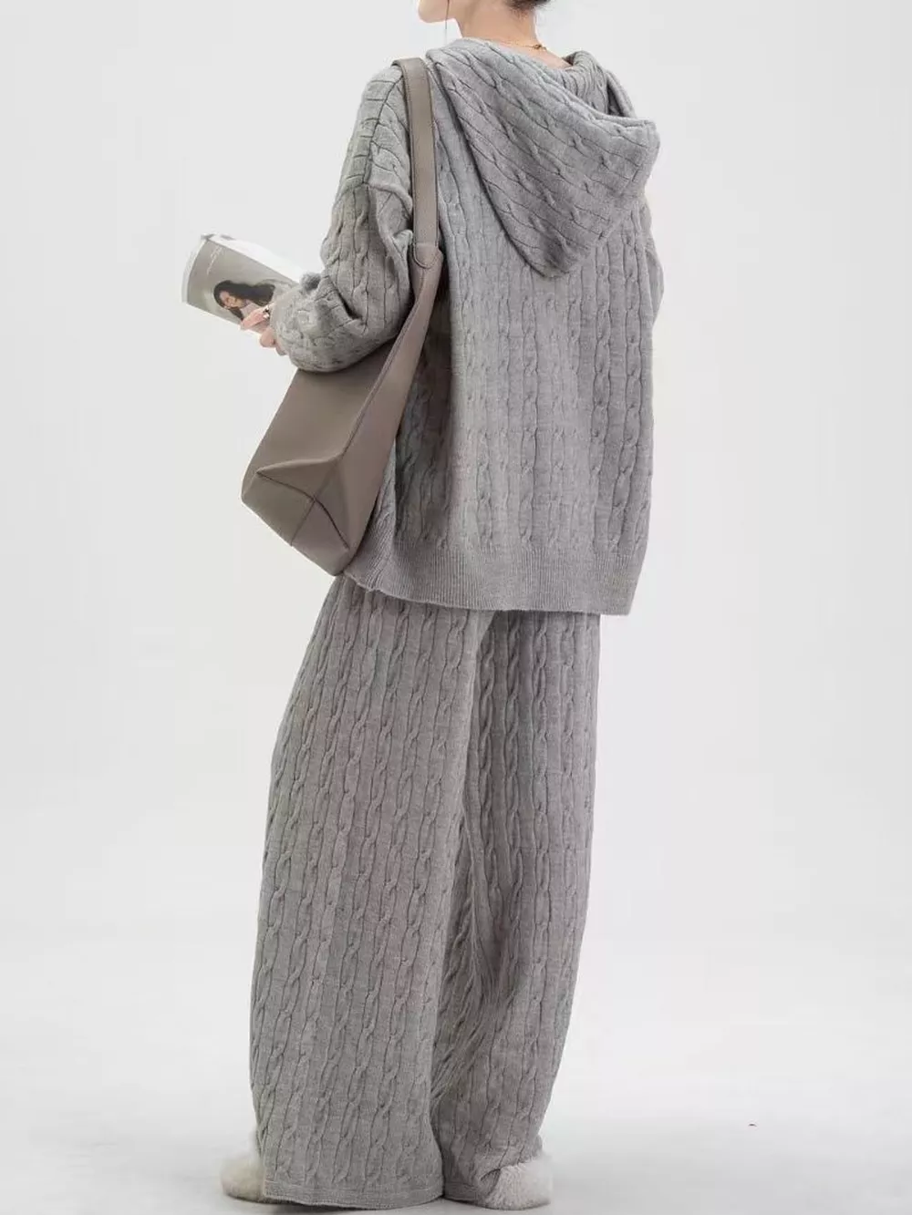 Cable Knit Zip-Up Hooded Cardigan and Wide-Leg Pants Sweater Set, image 29