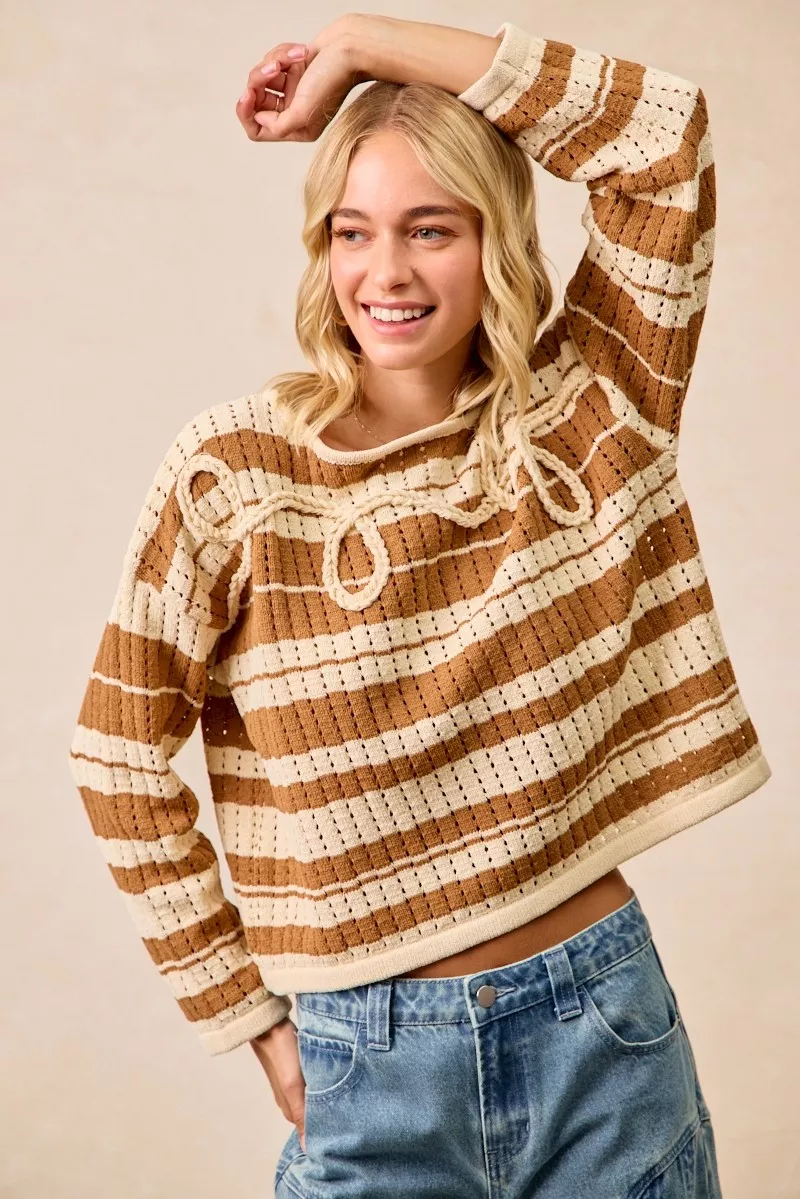 Striped Open Knit Sweater Top with Front Braided Detail, image 2