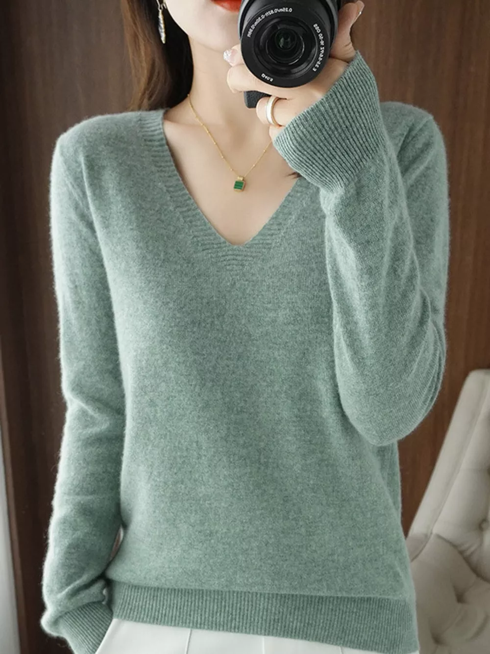 V-Neck Solid Color Sweater, image 21