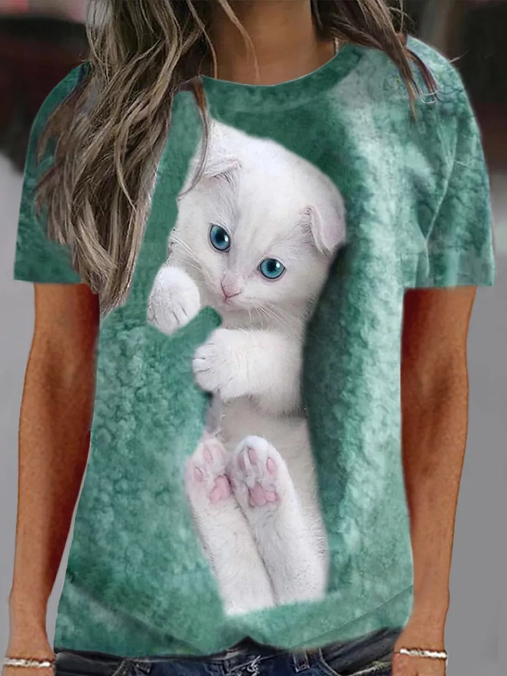 Full Size Cat Graphic Round Neck Top Plus Size, image 20
