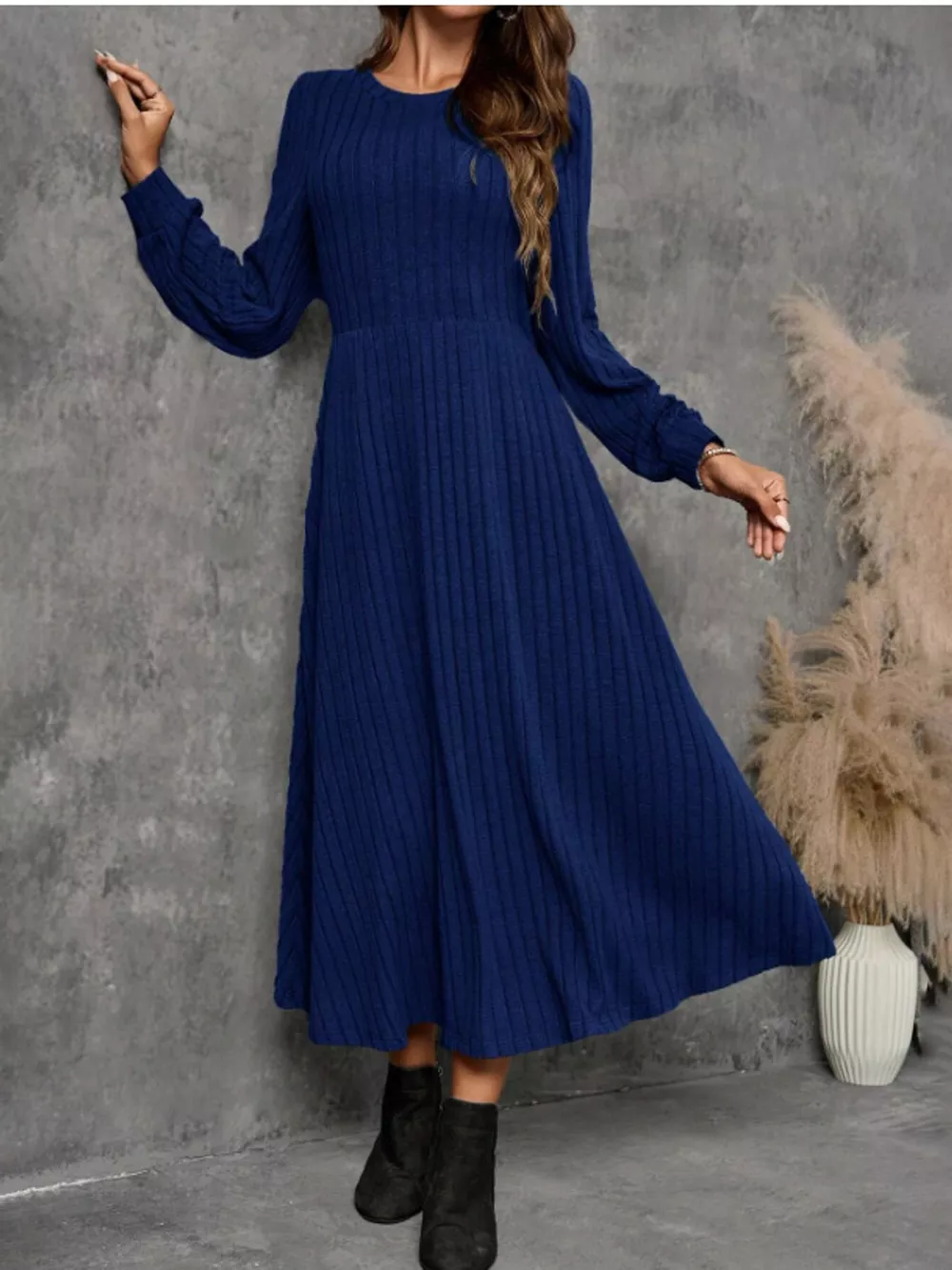 Ribbed Knit Long Sleeve A-Line Midi Dress, image 19