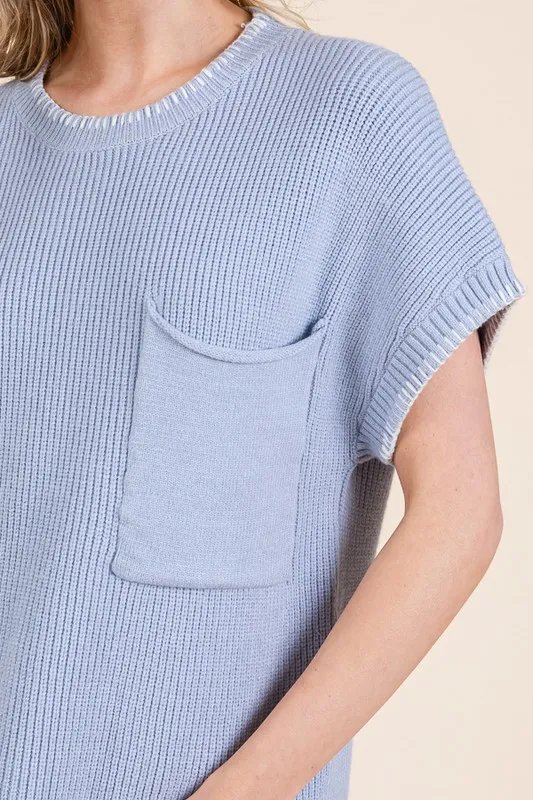 Solid Cap Sleeve Stitch Edge Knit Sweater, image 11
