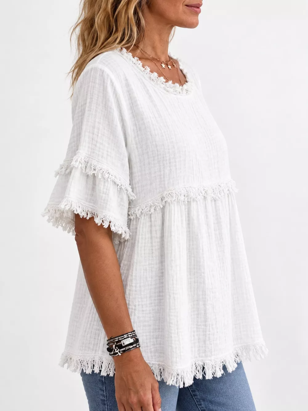 Full Size Frayed Edge Textured Blouse Plus Size, image 47