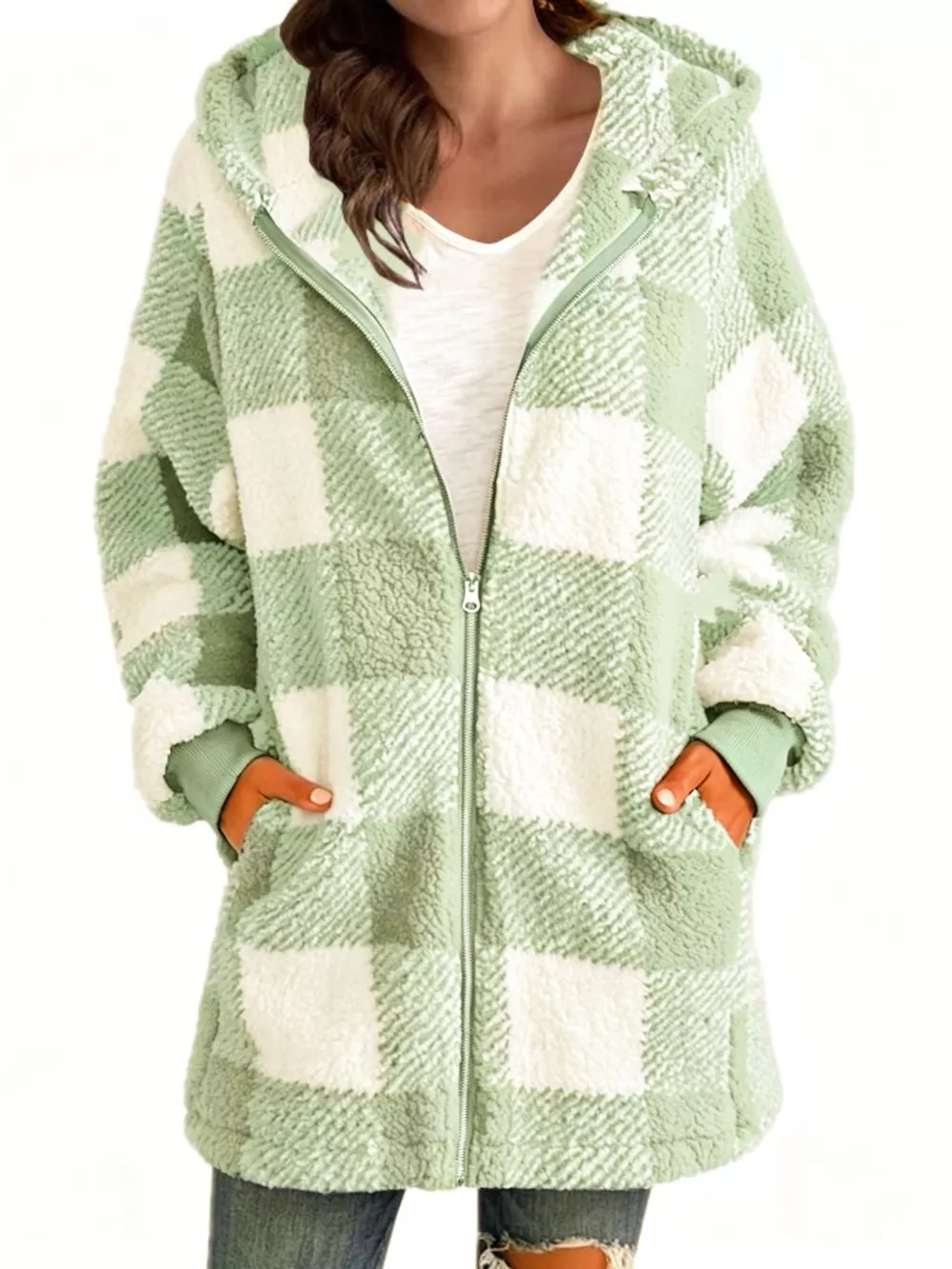 Full Size Plaid Sherpa Hooded Zip-Up Outerwear Plus Size, image 30