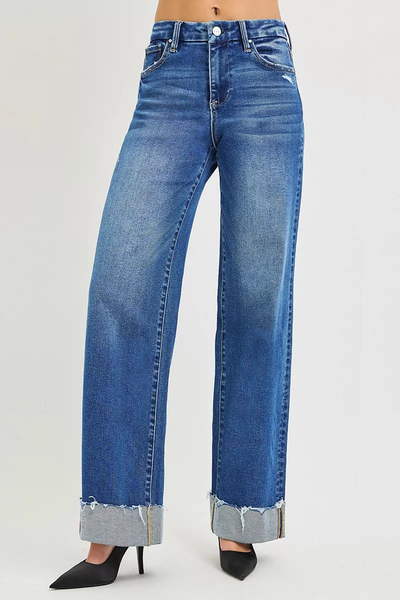 High Rise Wide Leg Jeans With Cuffed Hem, image 3