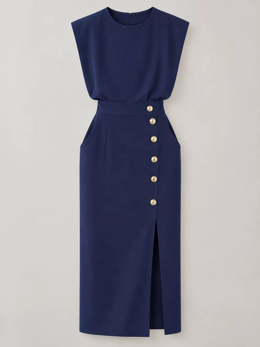 Sleeveless Midi Dress with Gold Button Detail and Side Slit, image 9