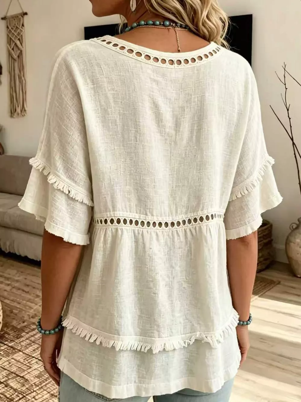 Full Size Frayed Hem V-Neck Blouse Plus Size, image 7