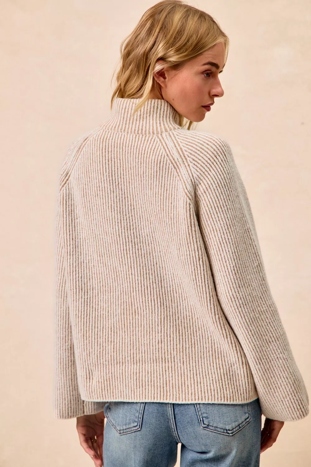 Two Tone Rib Texured Knit Collared Top with Zip Up, image 9