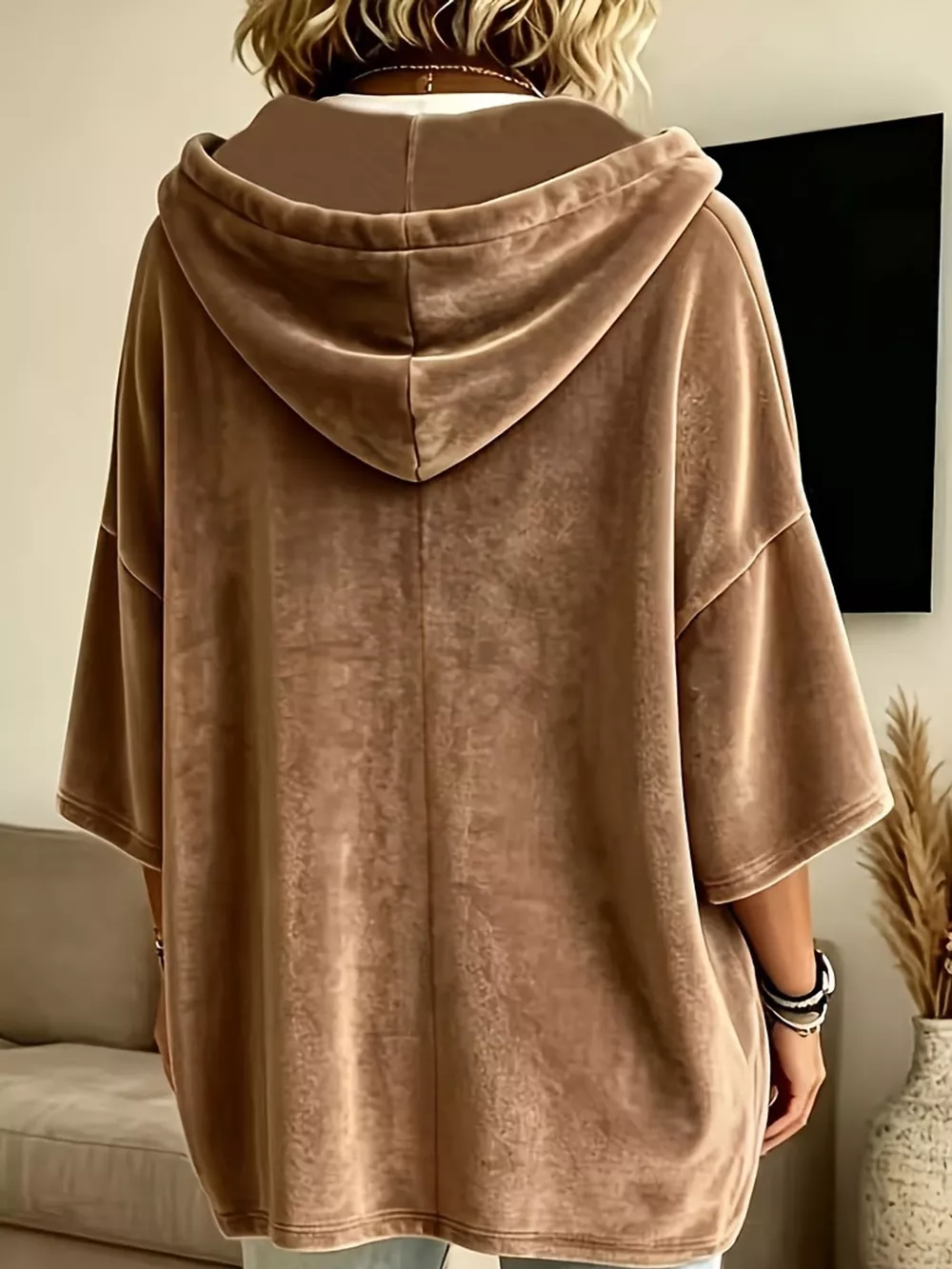 Full Size Velvet Button Detail Hoodie Plus Size, image 26