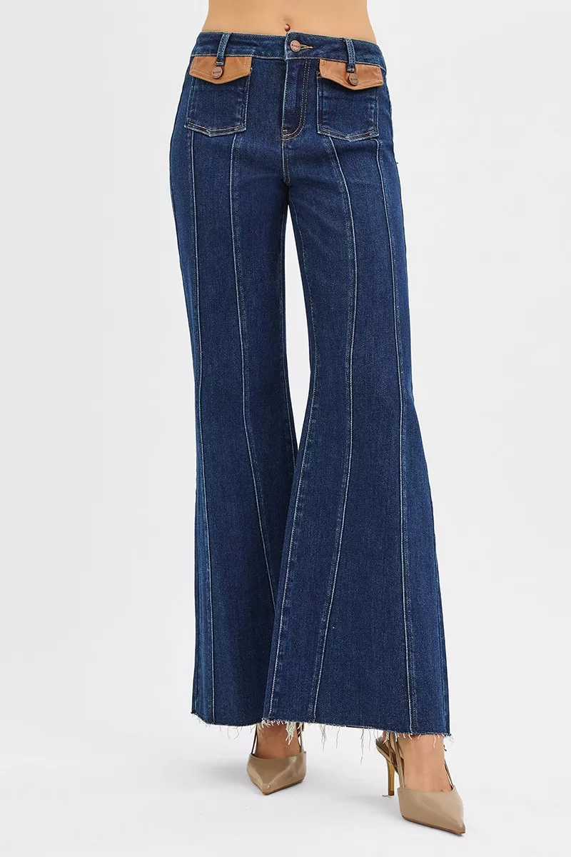 High Rise Wide Flare Jeans with Front Leather Pocket Detail, image 2