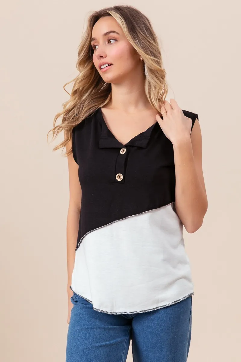 Color Block Contrast Stitching Buttoned Henley Top, image 9