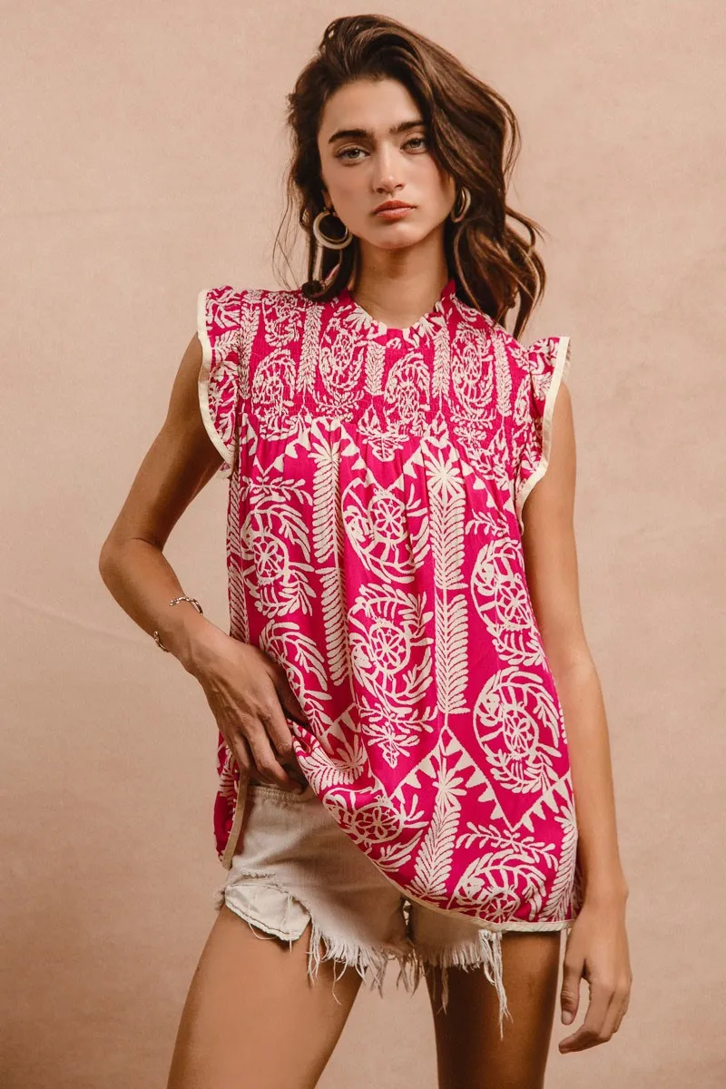Printed Ruffle Sleeve Top