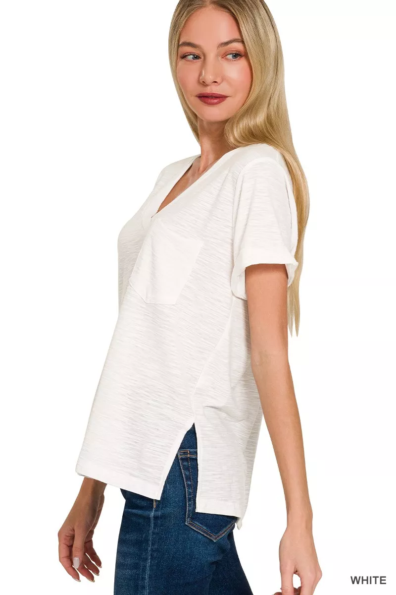Slub Rolled Short Sleeve V-Neck Tee, image 2