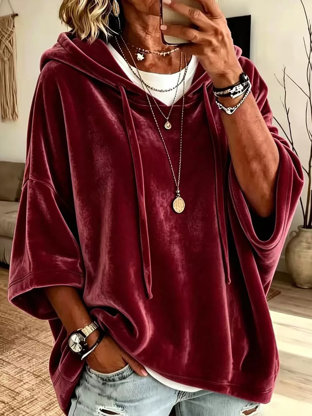 Full Size Velvet Short Sleeve Hoodie Plus Size, image 20