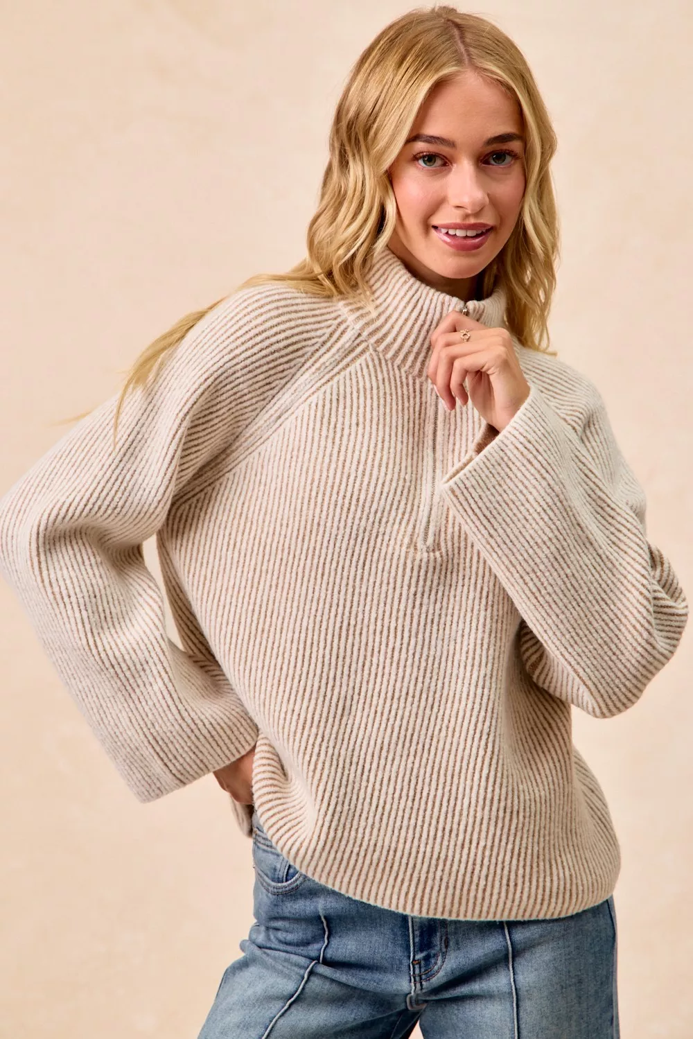 Two Tone Rib Texured Knit Collared Top with Zip Up, image 10