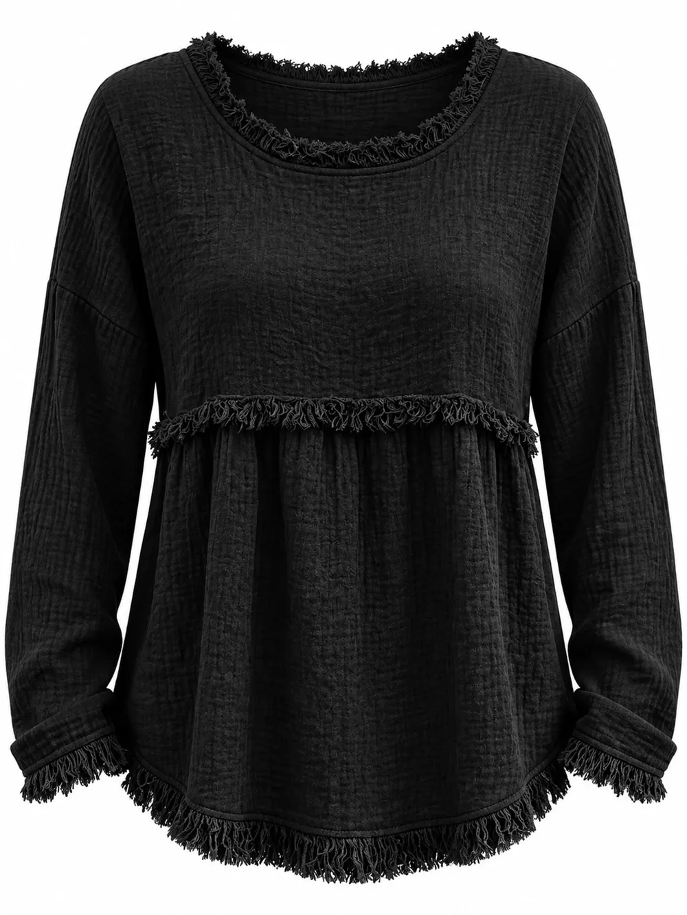 Full Size Frayed Hem Textured Blouse Plus Size, image 6