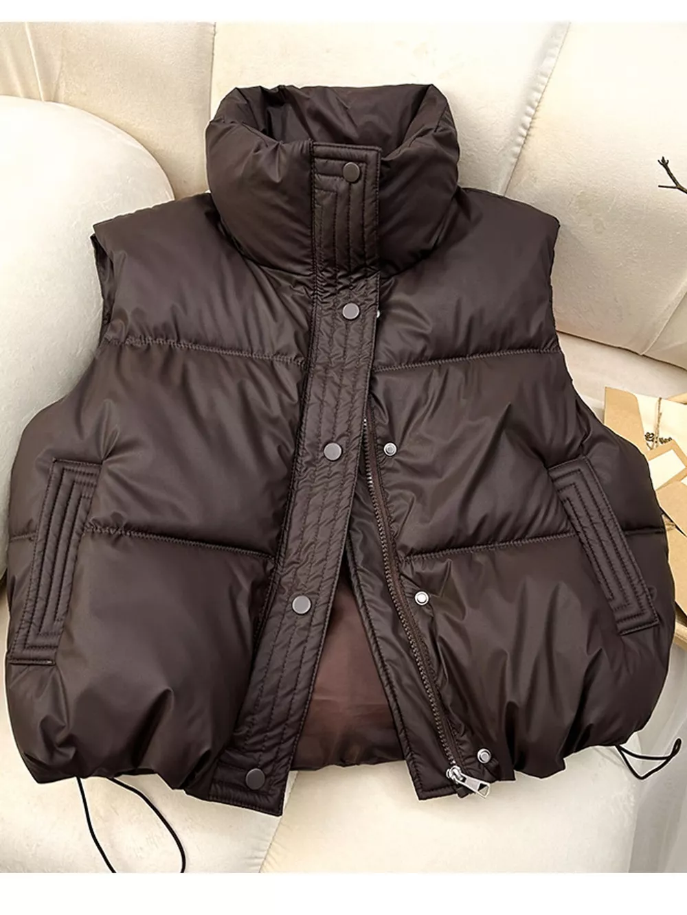 Drawstring Snap Down Puffer Vest Coat, image 9
