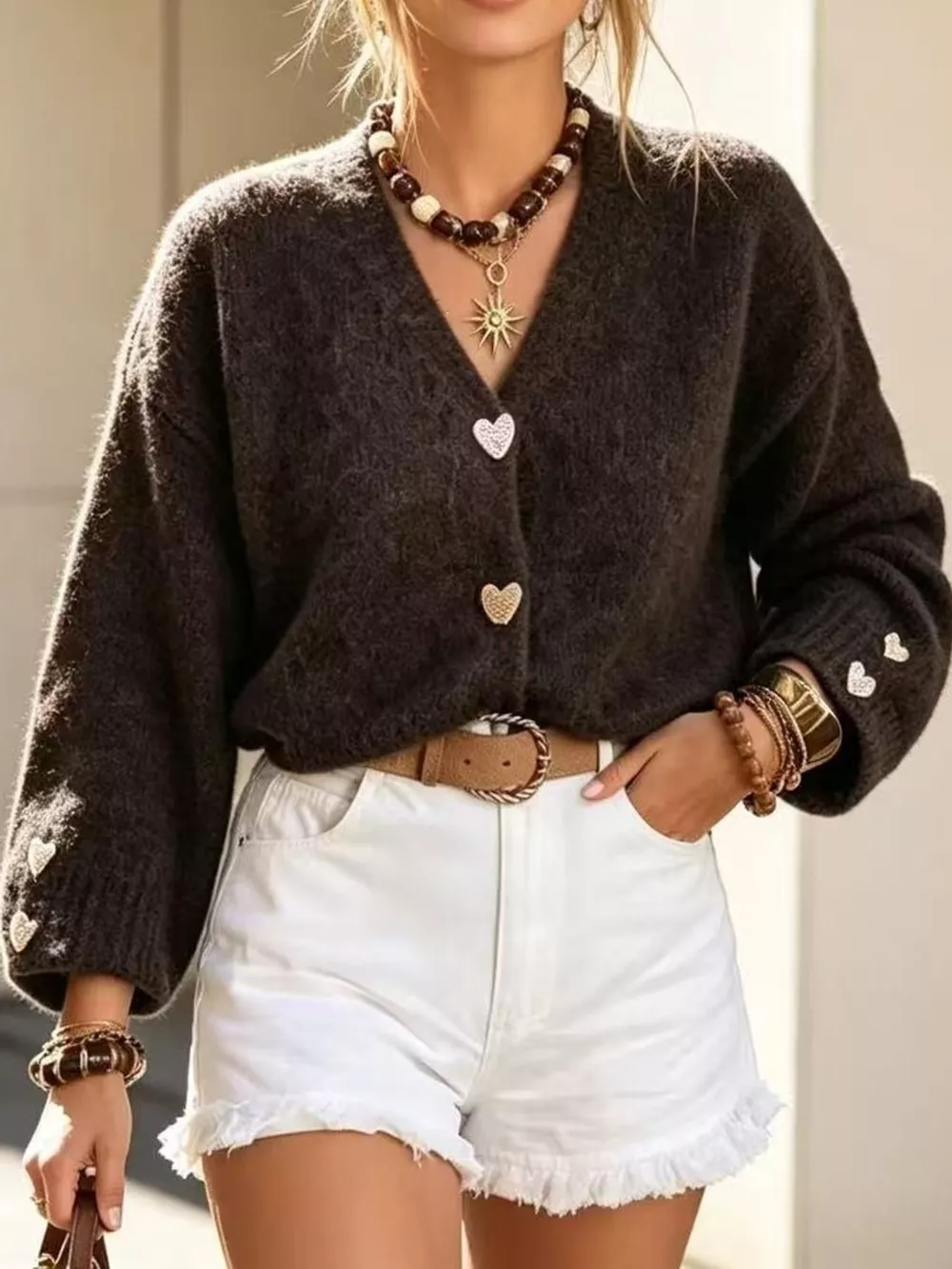 V-Neck Heart-Shaped Buttons Cardigan, image 5