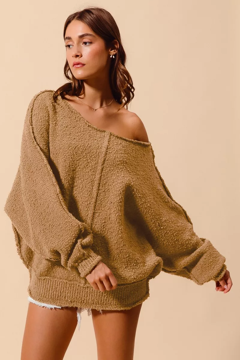 Loose Fit Exposed Seam Slouchy Boucle Sweater, image 2