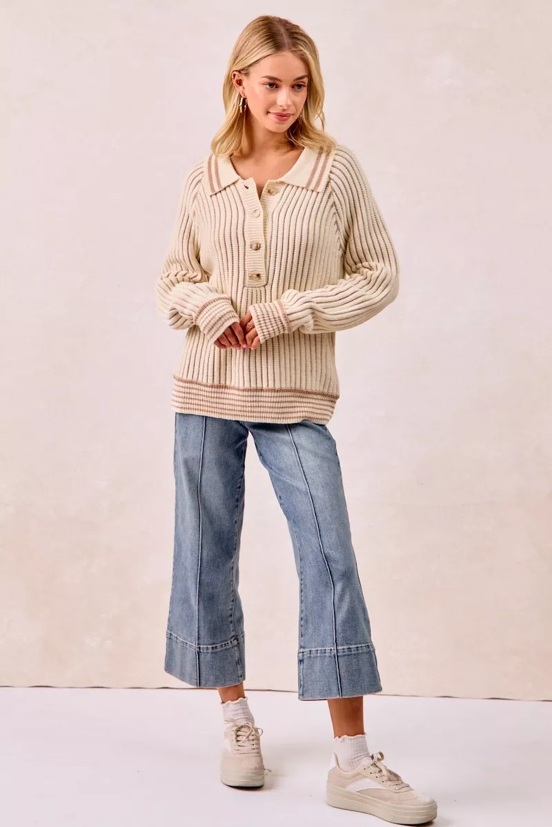 Half Button Ribbed Two Tone Sweater, image 15