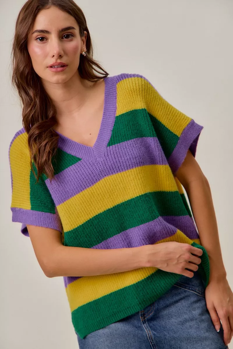 Mardi Gras Loose Fit V Neck Stripe Sweater Top, image 15