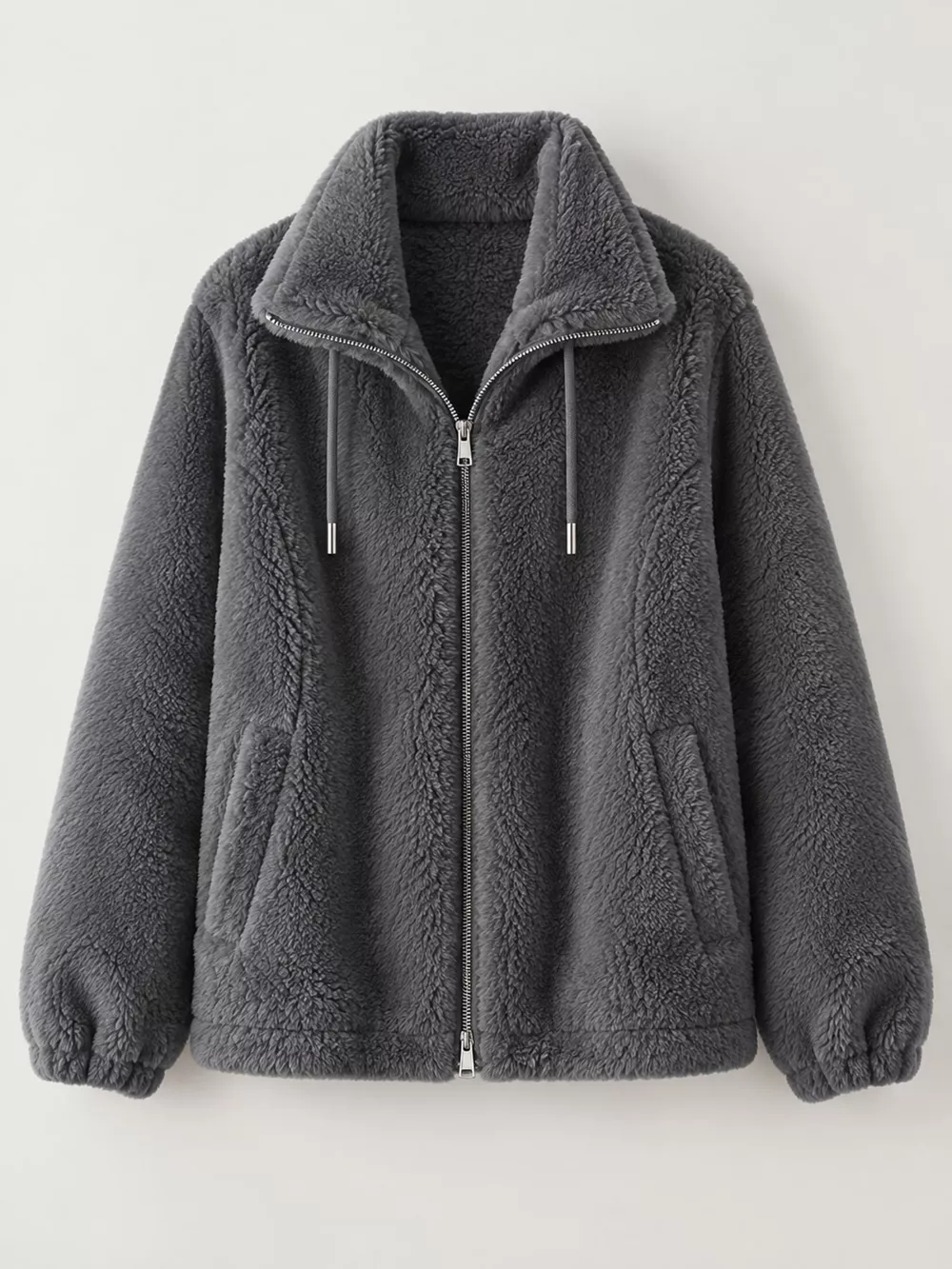 Full Size Drawstring Faux Fur Stand-Collar Zip-Up Outerwear Plus Size, image 17